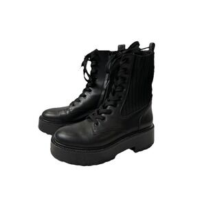 Sam Edelman Evina Combat Platform Boot 6 Black Leather Lug Sole Knit Goth Grunge